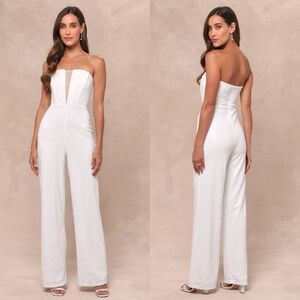 Lulus Glamorous Spirit White Sequin Strapless Bustier Jumpsuit L Wedding Party